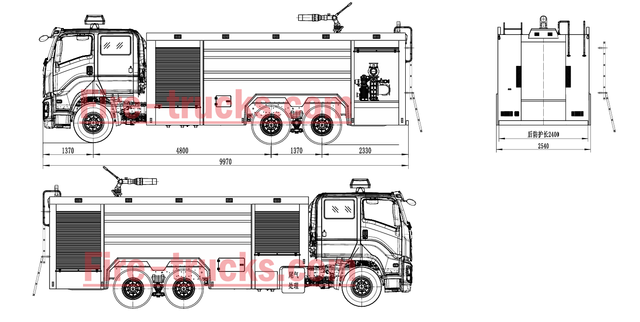 ISUZU GIGA 6x4 10000L foam water fire truck technical drawing