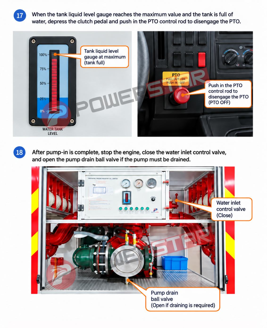 how to operate fire truck pump shutdown PTO disengagement tank level gauge drain valve